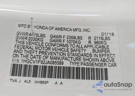 2018 Honda Accord Touring from USA, damaged, VIN 1HGCV1F92JA085589
